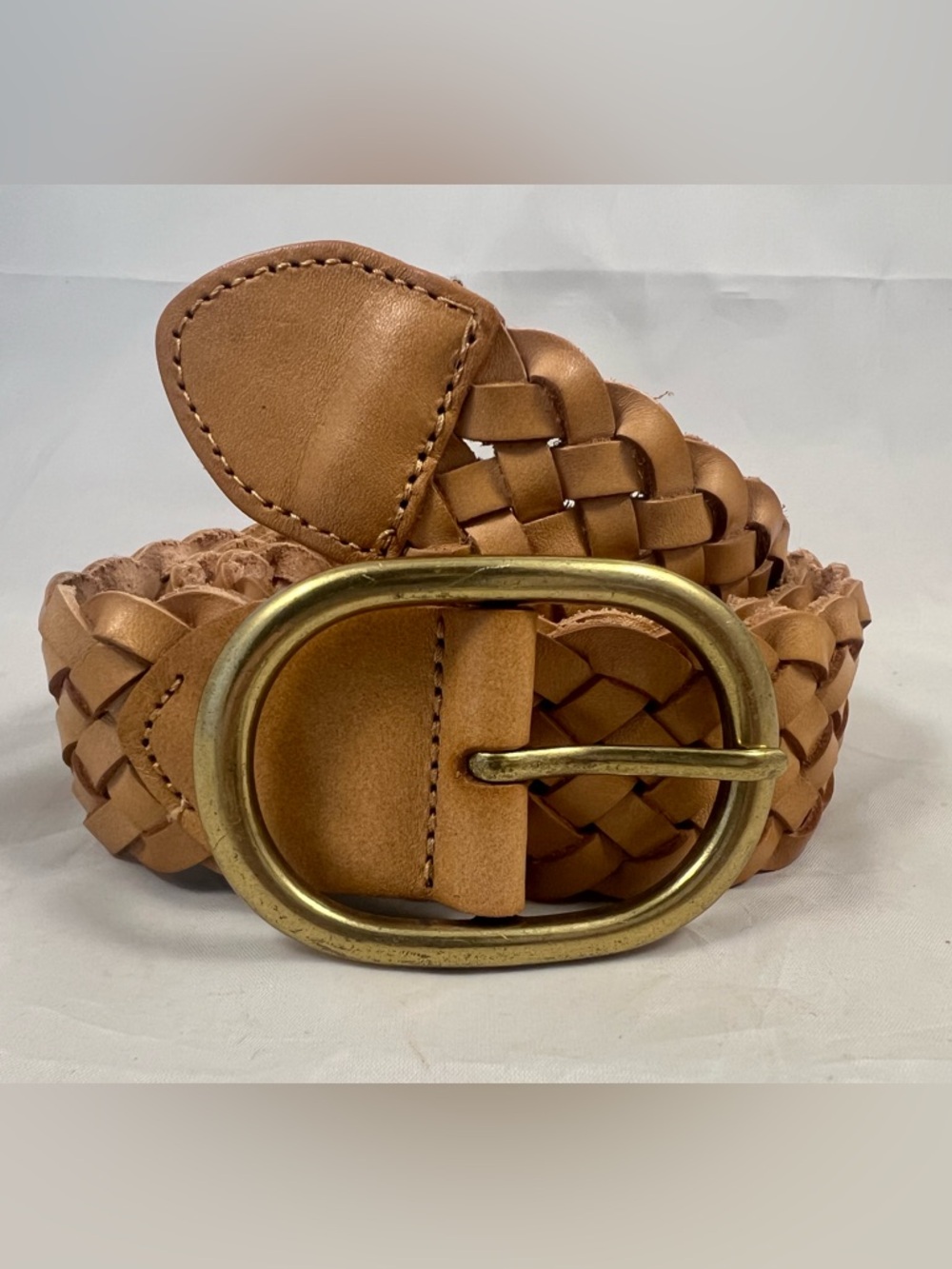 Women’s Tan Woven Genuine Leather Belt With Gold Brass Buckle Size XS/S